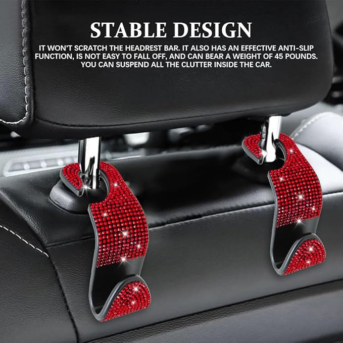 2PCS Car Seat Hooks, Purse Hook for Car, Crystal Rhinestone Vehicle Backseat Purse Holder, Auto Accessories Diamond Auto Seatback Storage Organizer Hanger for Handbag Clothes Purse (Red)