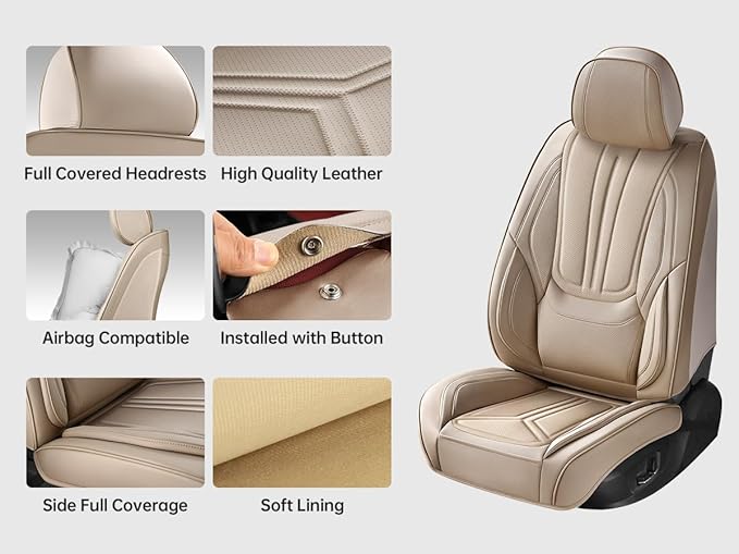 SCDOOCA Car Seat Covers Full Set Beige, Luxury Leather Car Seat Covers, Waterproof and Breathable Seat Covers, Universal Car Seat Protector Fit for Cars, Trucks, SUVs, Pick-ups (Full Set)