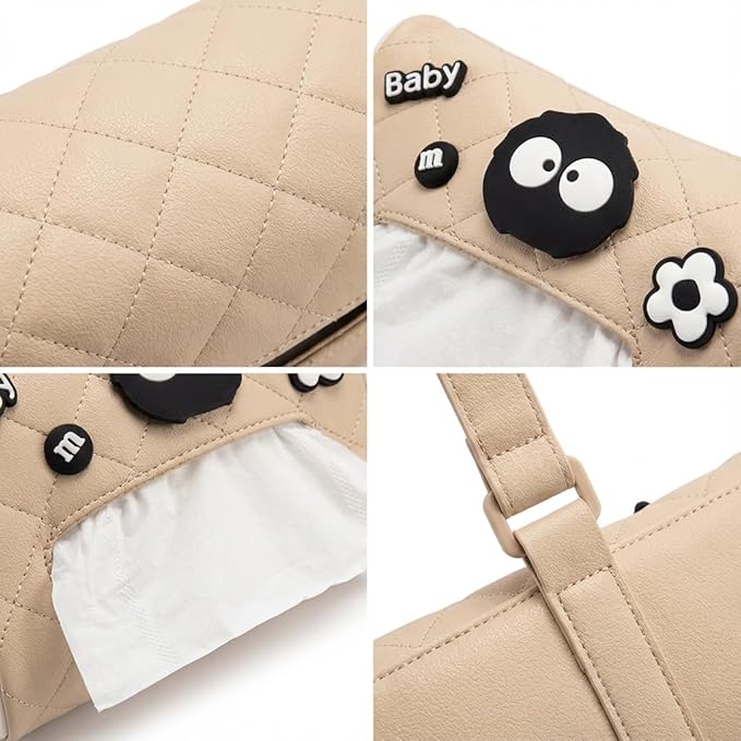 PU Leather Universal Car Tissue Organizer - Sun Visor & Backseat Holder (Beige2)