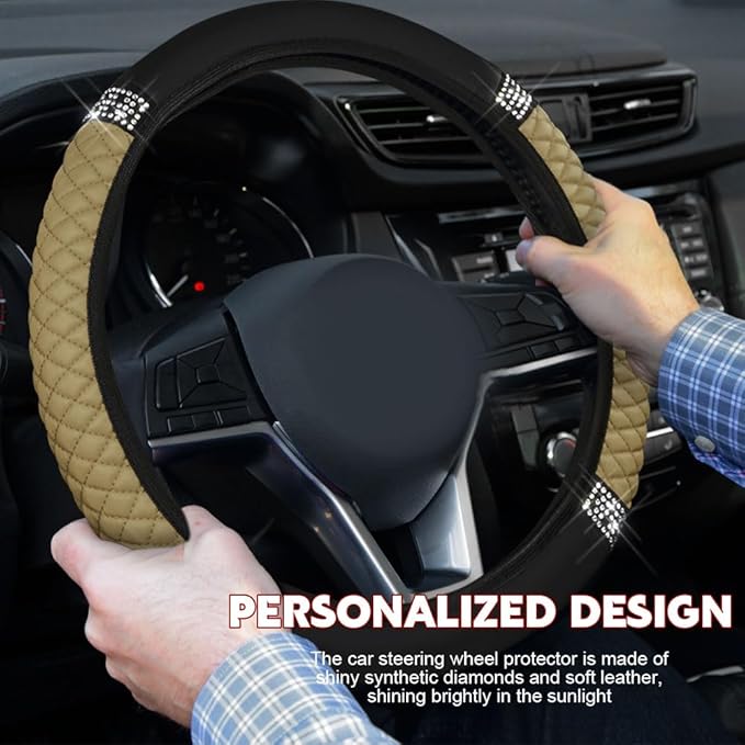 Car Steering Wheel Cover, Steering Wheel Accessories, Breathable Microfiber Leather Auto Wheels Protector, Universal 15 Inch Anti-Slip Protector for SUV Sedan Truck (Bling-Beige)