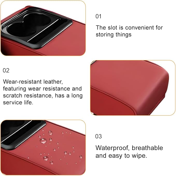 Car Center Console Armrest Pillow, Leather Vehicle Middle Console Protection Cushion with Cup & Phone Holder, Waterproof Automotive Arm Rest Box Cover Accessories, Universal Fit (Wine Red)