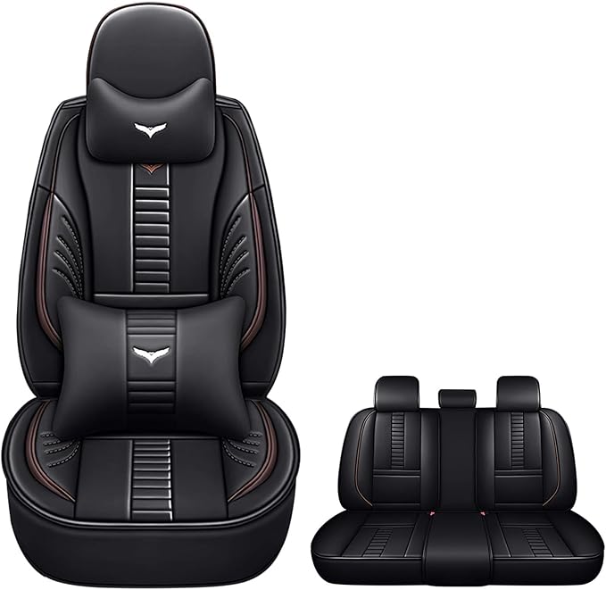 Pengchen Full Set of Universal Fit Automotive Seat Covers fit for Audi 1999-2025 95% Models, PU Leather Automobile Interior Sets with Headrest & Back Pillow Black & Coffee Line