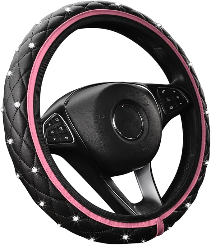 Bling Car Steering Wheel Cover, Rhinestones Elastic Leather Automotive Steering Wheel Protector, 15 Inch Sparkly Crystal Vehicle Interior Decor Accessories, Universal Fit (Pink)