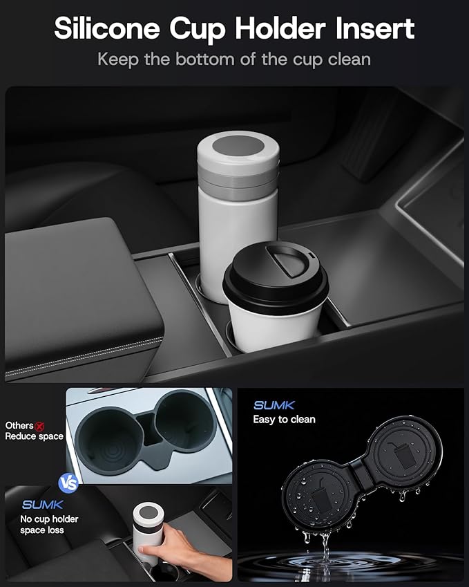 Center Console Organizer Tray for Tesla Model Y Juniper Accessories 2025 2026 [Premium PC + Silent Silicone Liner] Armrest Bottom Liners Wireless Charging Pad Cup Holder for Tesla Model Y Accessories