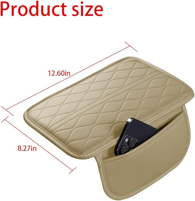 Car Center Console Cover, Leather Vehicle Armrest Seat Box Pad Cushion with 2 Storage Bags, Automotive Interior Arm Rest Protector Accessories, Universal for SUV, Sedan, Truck (Beige)