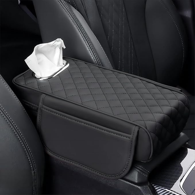 Car Center Console Cover for Fiat 500L (Type 330) 2012-2021, Leather Car Arm Rest Cover, Car Armrest Cushion with 2 Storage Bags Car Center Console Armrest Pad, B Black