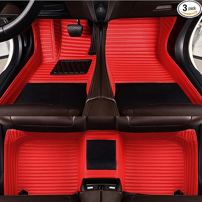 KaiLaiCarCustom Automotive Car Floor Mats for 99.99% Sedan SUV Sports Car Men Women Protection Full Coverage Pads Anti-Slip Leather Floor Lining (Red Strip, B- Long Stripes)