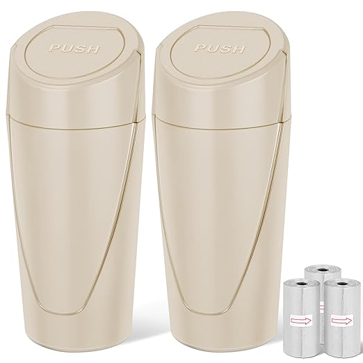 Kincown Car Trash Can, 2 Packs Mini Car Trash Bin with Lid, Leakproof Cup Holder Car Garbage Can with 60 Trash Bags, Vehicle Front Back Seat Organizers and Storage for Car, Home, Office, Beige