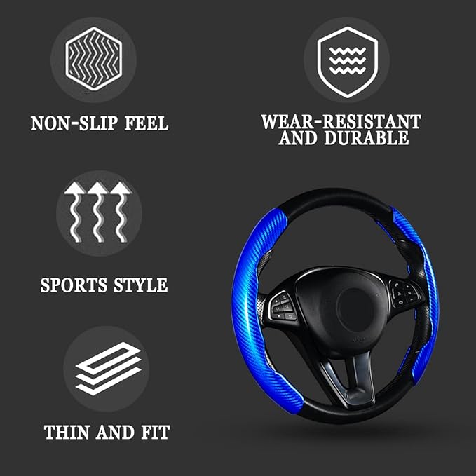 Steering Wheel Cover, 2PCS Segmented Steering Wheel Protector, Carbon Fiber Anti-Slip and Durable Car Accessory, Universal Fit for Most Cars，SUVs (Carbon Fiber Blue)