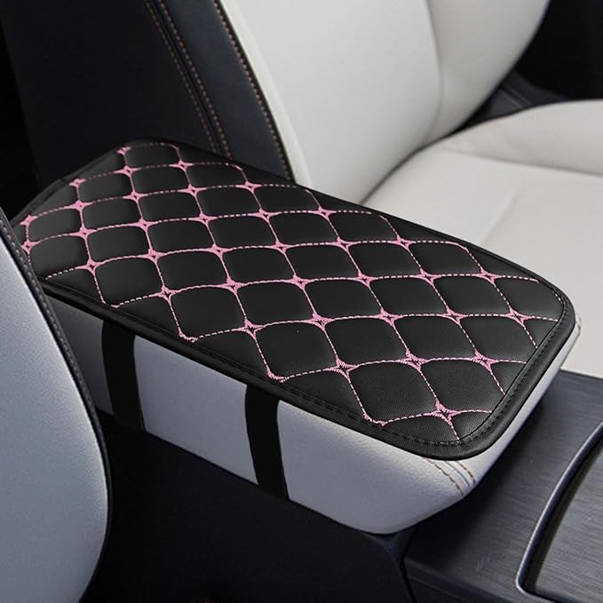 Car Center Console Cushion Pad, Comfortable PU Leather Vehicle Armrest Seat Box Cover, Waterproof Automotive Interior Arm Rest Protector Accessories, Universal Fit (Black/Pink)