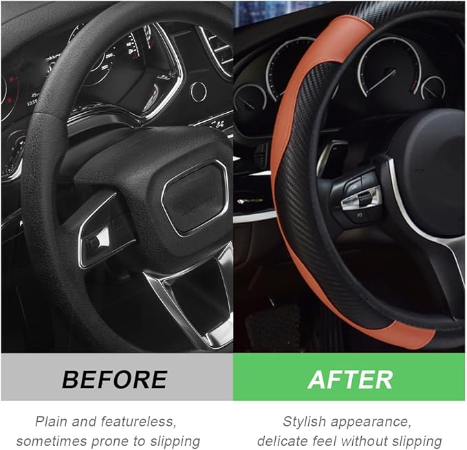 Car Steering Wheel Cover, 15 Inch Carbon Fiber Leather Stitching Color Steering Wheel Protector, Anti-Slip Elastic Breathable Steering Wheel Cover Stylish Decor for Most Cars (Black & Coffee)