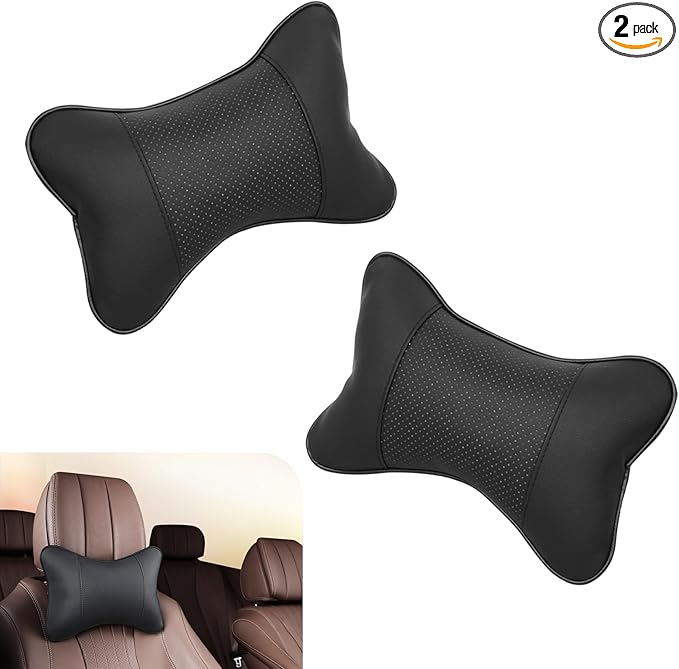 Seat Neck Pillow for Car, Bone-Shaped Breathable Support Cushion to Relieve Neck Pressure, PU Leather + Soft Filling Headrest Pad for All Seasons, for Most Cars Trucks (Black)