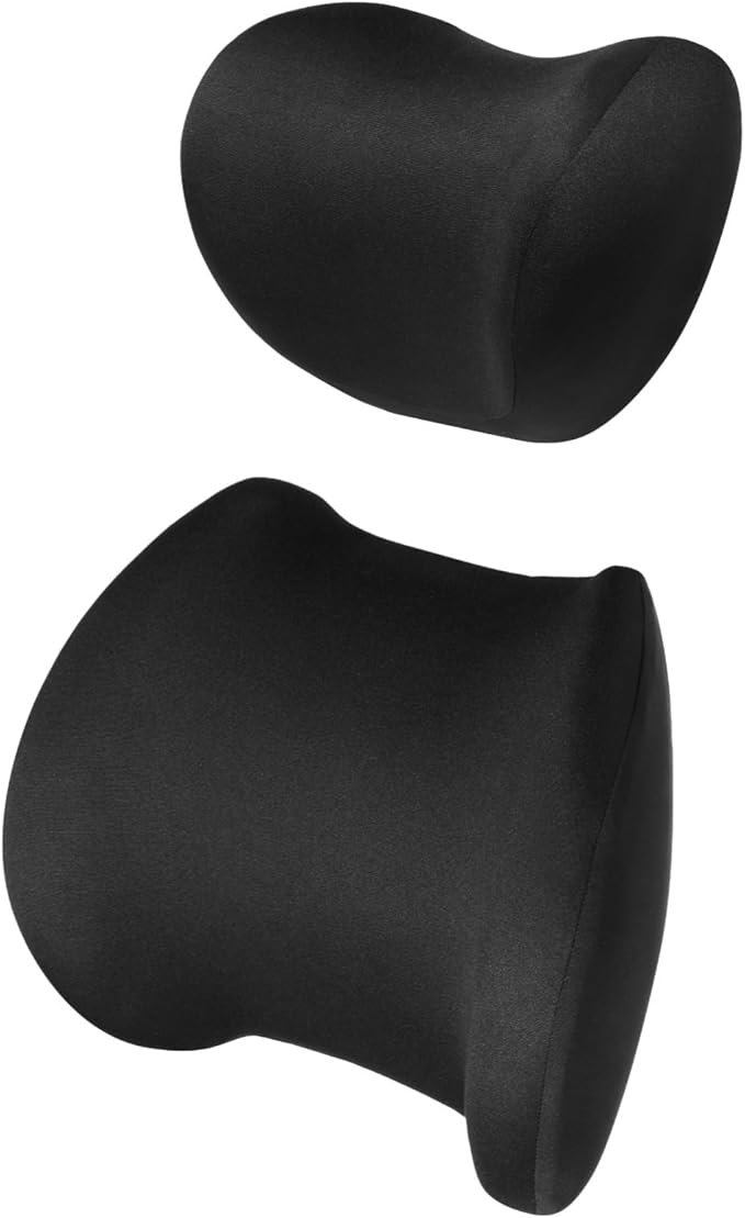 Car Seat Cushion Set, Memory Foam Headrest And Lumbar Support With Detachable Zipper Cover, Black