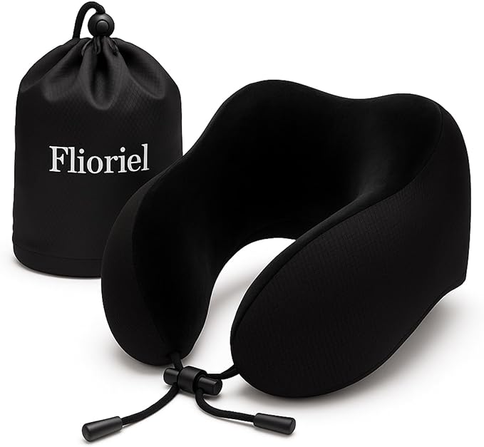 Flioriel Travel Pillow for Airplane with Soft Memory Foam, U-Shaped Neck Support, Plush & Waffle Washable Cover with Lanyard for Car, Office & Camping (Black)