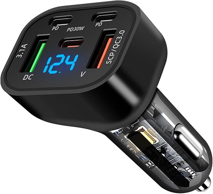 Full PD 30W Multi Port USB C Car Charger Adapter 5 in 1 with Voltage Display, PD4.0/QC4.0/PPS/AFC Super Fast Charging Cigarette Lighter Adapter with Volt Meter for MacBook iPhone Galaxy Android Phones