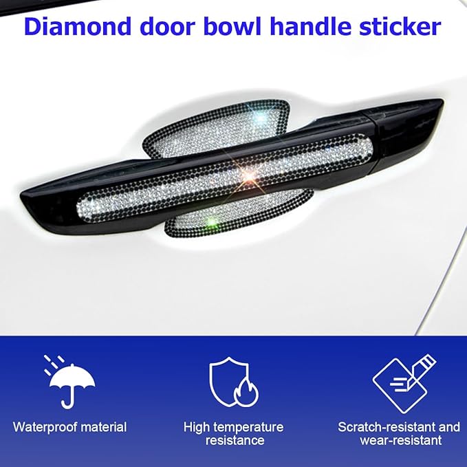 Mandark 8PCS Bling Car Door Handle Protector, Crystal Rhinestone Vehicle Door Bowl Protective Sticker, Glitter Anti-Scratch Auto Decor Decals Accessories, Universal for SUV, Sedan, Truck (Black/White)