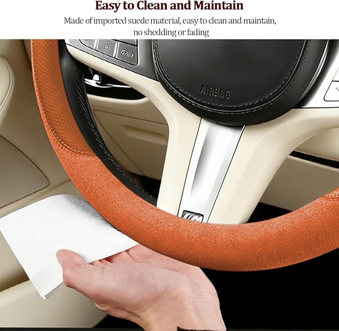 HZEL Car Steering Wheel Cover, Non-Slip Suede Leather Breathable Vehicle Steering Wheel Protector with Inner Ring, Automotive Interior Protective Accessories, Universal Fit (Orange)