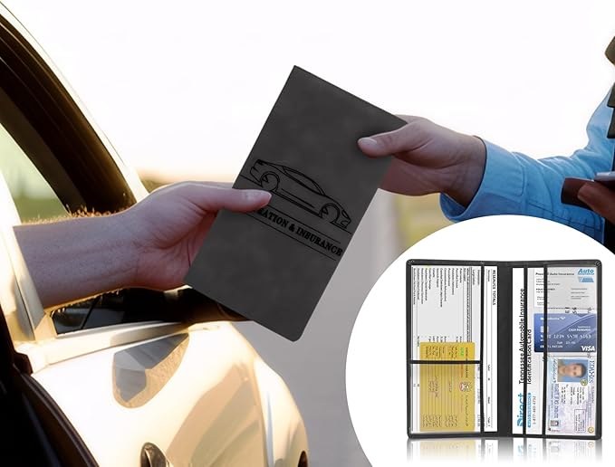 Car Registration & Insurance Card Holder PU Leather Vehicle Glove Box Organizer for License, ID, and Documents (Black)