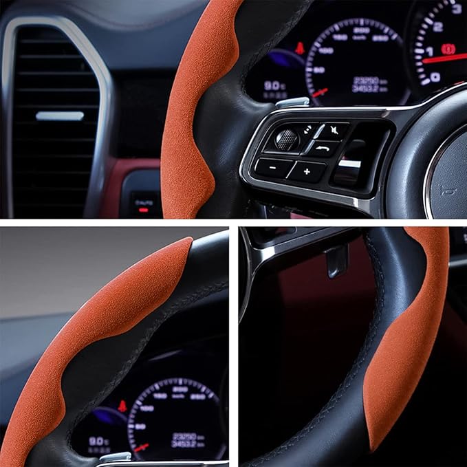 Car Steering Wheel Cover, Microfiber Suede Leather and Carbon Fiber Double Sided Design, Warm in Winter and Cool in Summer, Breathable Non Slip Segmented Protector for Most Cars (Turn Fur/Brown)