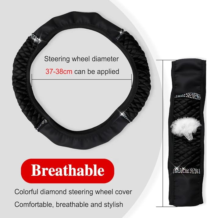 Bling Soft Leather Steering Wheel Cover, Anti-Slip Car Steering Wheel Protector, 15 Inch Rhinestones Soft Leather Elastic Steering Wheel Protector for Women Girls, Car Accessories for Most Cars