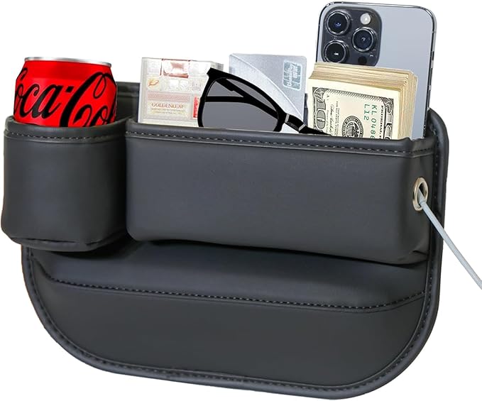 Car Seat Gap Filler Organizer with Cup Holders, Seat Gap Storage Box for Drinks, Phones, Keys, Sunglasses, Cards, and Small Essentials (Black, Driver's Seat)