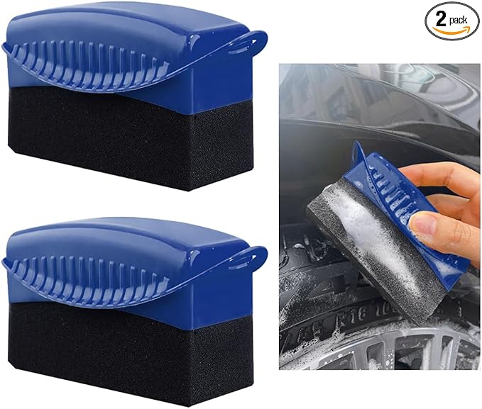 2 PCS Tire Shine Applicator, Flat Dressing Waxing Sponge Pads With Lid Cover, Reusable Polishing Cleaning Foam Applicators With Rectangular Box, Car Accessories (Blue)