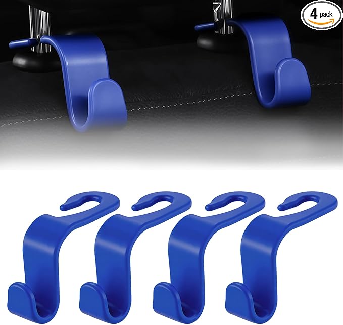 4 PCS Car Headrest Hooks - 360 Rotatable Auto Back Seat Storage Organizer, Universal Vehicle Car Organization Hangers for Purses, Bags, Cloths & Water Bottles Hook Seat Accessories, Blue