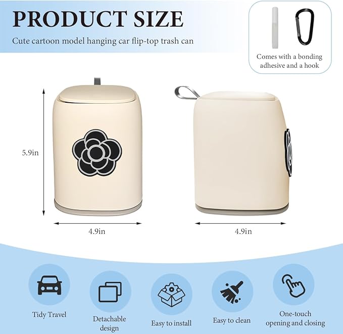 Car Trash Can Bin with Lid, Leakproof Cute Cartoon Style Hanging Car Flip Lid Trash Can, Detachable Garbage Bin Organizer Storage for Car Truck SUV Sedan, Car Accessories (Black Camellia)