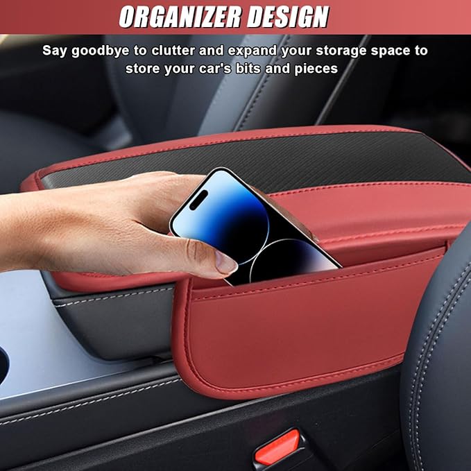 Car Center Console Cover, Carbon Fiber Leather Car Armrest Cover Protector, Auto Middle Console Support Pad with Side Storage, Universal Storage Box Cushion for Most Vehicle Interior (Red)