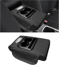 Car Center Console Armrest Pillow, Leather Arm Rest Cover Pad with 2 Storage Pockets Cup Holder & Phone Slot, Soft Middle Console Cushion Protector for Most Vehicles (Black, Embroidered)