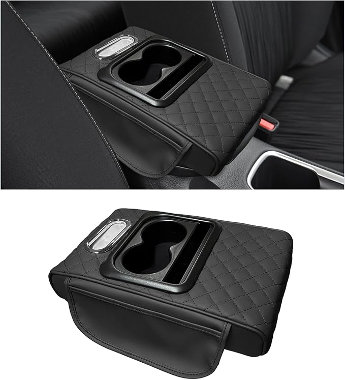 Car Center Console Armrest Pillow, Leather Arm Rest Cover Pad with 2 Storage Pockets Cup Holder & Phone Slot, Soft Middle Console Cushion Protector for Most Vehicles (Black, Embroidered)