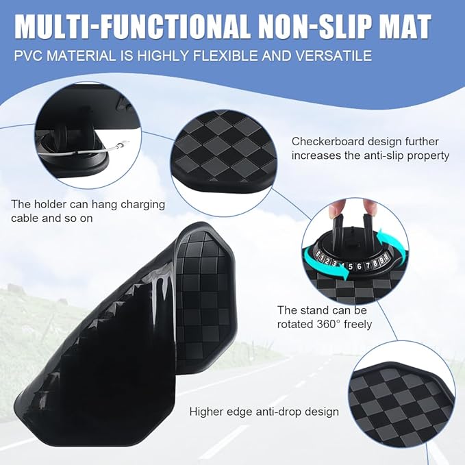 NHHEO Car Anti Slip Mat Dashboard Tray Decorations Sticky Pad Multi Functional Thickened and Widened Washable with 360° Rotating Universal Phone Pad Holder+Number Plate(Black&Gray)