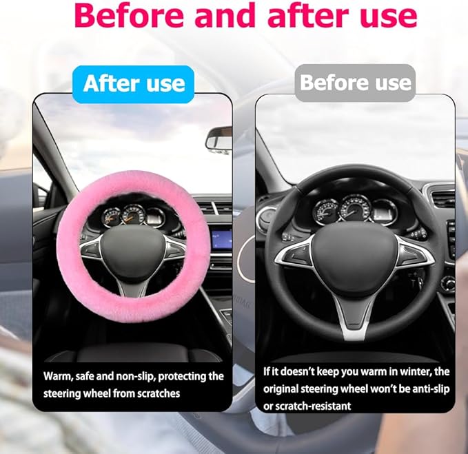 Fluffy Steering Wheel Cover, Winter Warm, Suitable for Most Car Steering Wheels in The 14-15 Inch Range (Pink, 1PCS)