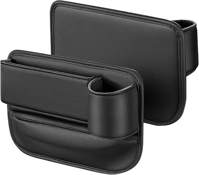 Toyosport 2 Pcs Car Seat Gap Filler Organizer, Leather Storage Box with Cup Holder, Cable Hole, Clutter Catcher for Cars, Black Seat Gap Storage Pockets for Driver and Passenger Seats
