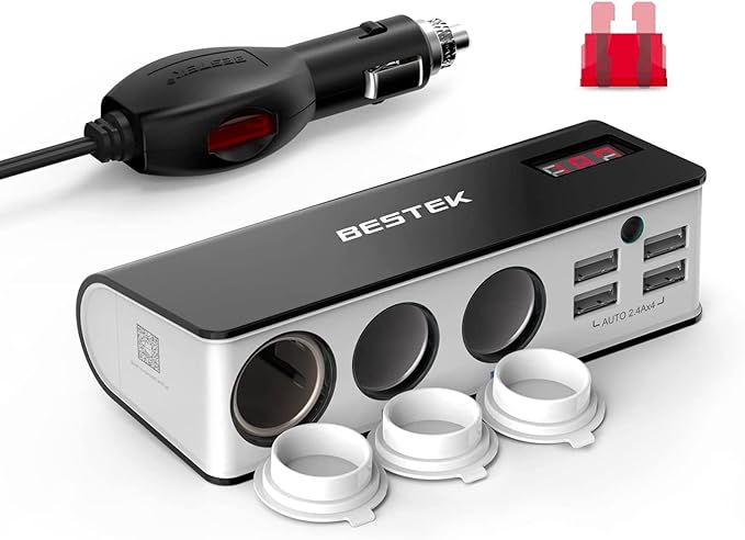 BESTEK 3-Socket Cigarette Lighter Adapter, 12V/24V 200W DC Cigarette Lighter Splitter Power Adapter with 6A 4-Port Car Power Adapter Splitter for GPS, Dashcam, with Replace Fuse