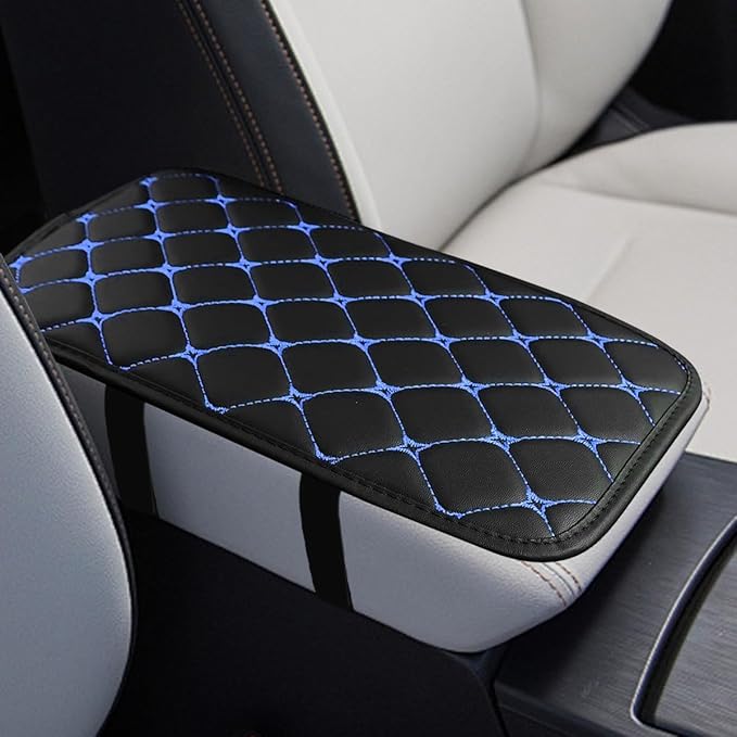 Car Center Console Cushion Pad, Comfortable PU Leather Vehicle Armrest Seat Box Cover, Waterproof Automotive Interior Arm Rest Protector Accessories, Universal Fit (Black/Blue)