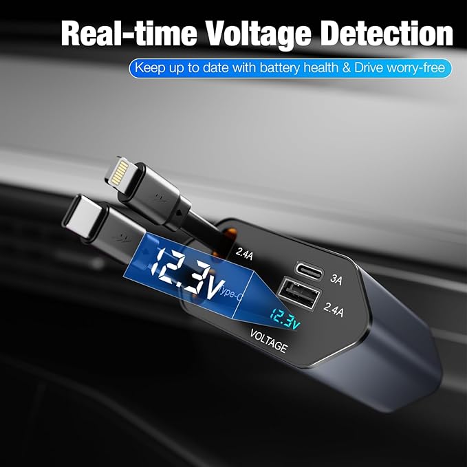 Retractable Car Charger - 4 in 1 Fast Car Phone Charger, 60W, 2 Retractable Cables, 2 USB Ports & Voltage Display, Compatible with iPhone 16/15/14/13/12/11 Series and Android