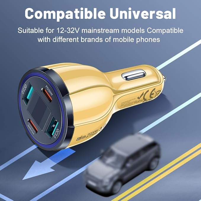 USB C Car Charger Adapter with Voltmeter Compatible with iPhone, Android, Samsung, iPad Pro, PD30W &QC3.0 Multi Port Fast Charging (Yellow)
