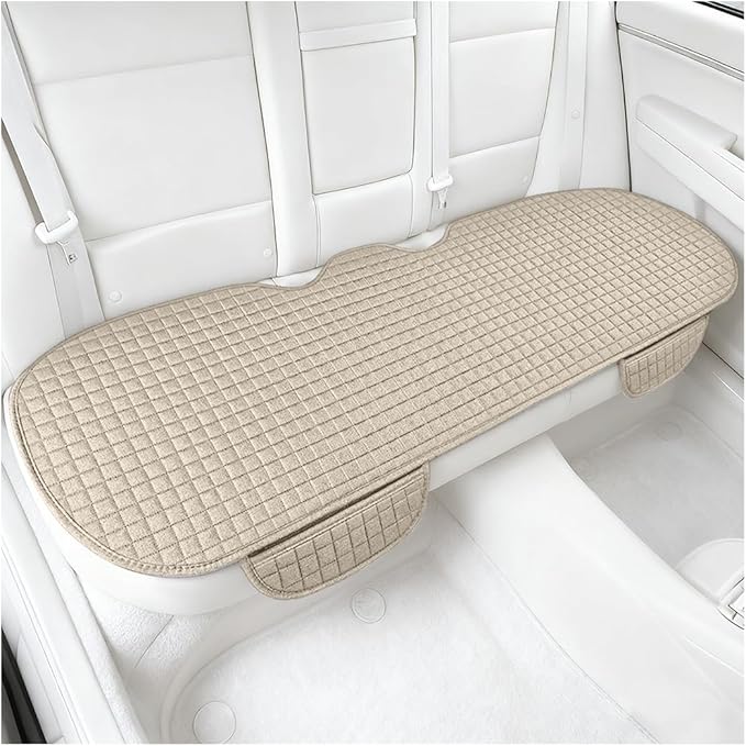 Car Back Seat Cover, Long Bottom Vehicle Rear Seat Protector with Storage Pockets, Breathable Linen Automotive Backseat Bench Cushion Pad Accessories, Universal for SUV Trucks (Beige)