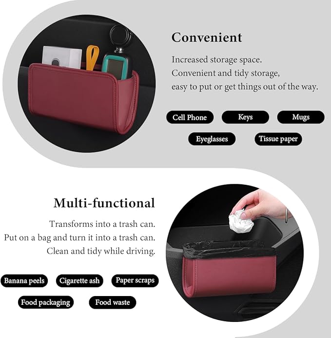Car Trash Can, Foldable Small Hanging Trash Bin Waterproof Car Door Organizer, Multi-Function Leather Garbage Bag Mini Storage Can for Vehicle Back Seat & Side Door (Wine Red)