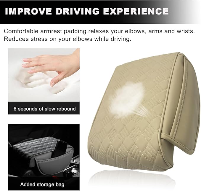 Car Center Console Cover, 12.6"×8.7" Waterproof Leather Auto Armrest Box Protector Elbow Pillow with Storage Pocket, Comfortable Memory Foam Arm Rest Box Cushion Pad, Car Accessories (Beige)