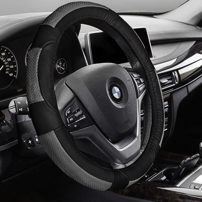 FH Group Universal Fit Deluxe Full Grain Authentic Leather Gray Black Steering Wheel Cover Fits Most Cars, SUVs