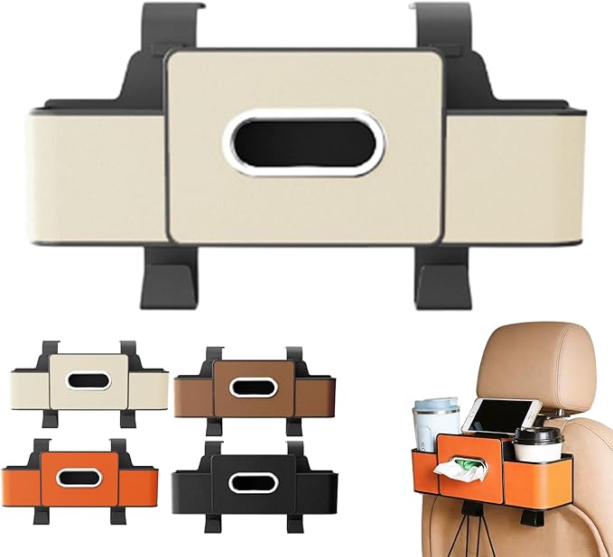 Car Organizers and Storage Box, Car Organizer Storage Box Back Seat, Multifunctional 3-in-1 Cars Organizer with Tissue, Tissue Boxs and Storages Hook, for Hold Phone, Drinks, Handbag (Beige)