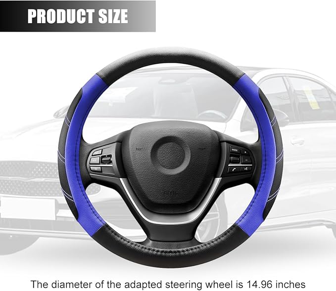 Car Steering Wheel Cover, 15 Inch Carbon Fiber Leather Non-Slip Steering Wheel Protector with Lining, Breathable Automotive Interior Accessories, Universal for SUV RV Truck (Blue)