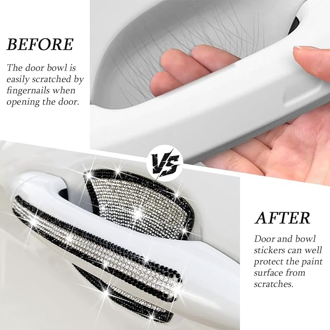 8PCS Bling Car Door Handle Protector, Crystal Rhinestone Anti-Scratch Vehicle Door Handle Bowl Stickers, Glitter Automotive Exterior Decal Accessories, Universal for Vehicles (Black/White)