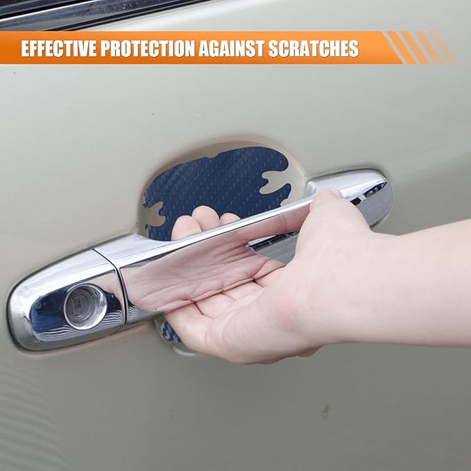 4PCS Car Door Handle Cup Scratch Protector, 3D Carbon Fiber Door Bowl Sticker, Car Paint Protective Film, Universal Automotive Doors Handle Guard Pad for Most Cars (Blue)