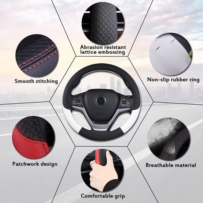 Pahajim Car Steering Wheel Cover for Women Men Universal PU Leather Steering Wheel Accessories Anti Skid 14.5-15 Inch (37-38cm) Forro Volante Carro (White)