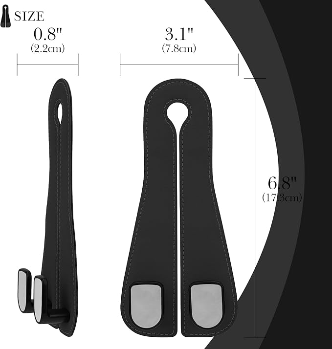 Adorila Car Seat Headrest Hooks - Vegan Leather Double Hook Purse & Phone Holder, Seat Back Organizer for Bags, Clothing & Handbags (Black, 2-Pack)