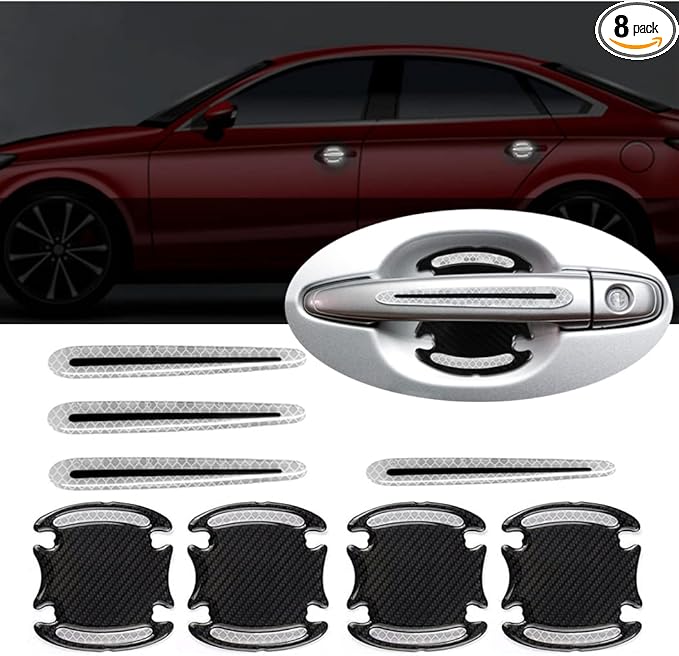 8pcs Universal 3D Carbon Fiber Texture car Door Handle Door Bowl Paint Scratch Protector Protective Cover Protective Film car Outdoor Safety Decoration Reflective Strip(Diamond White)