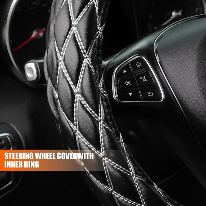 Car Steering Wheel Cover, 15" Soft Rubber Foldable Vehicle Steering Wheel Protector with Anti-Slip Lining, Automobile Interior Decoration Accessories, Universal for Most Vehicles (Black/White)